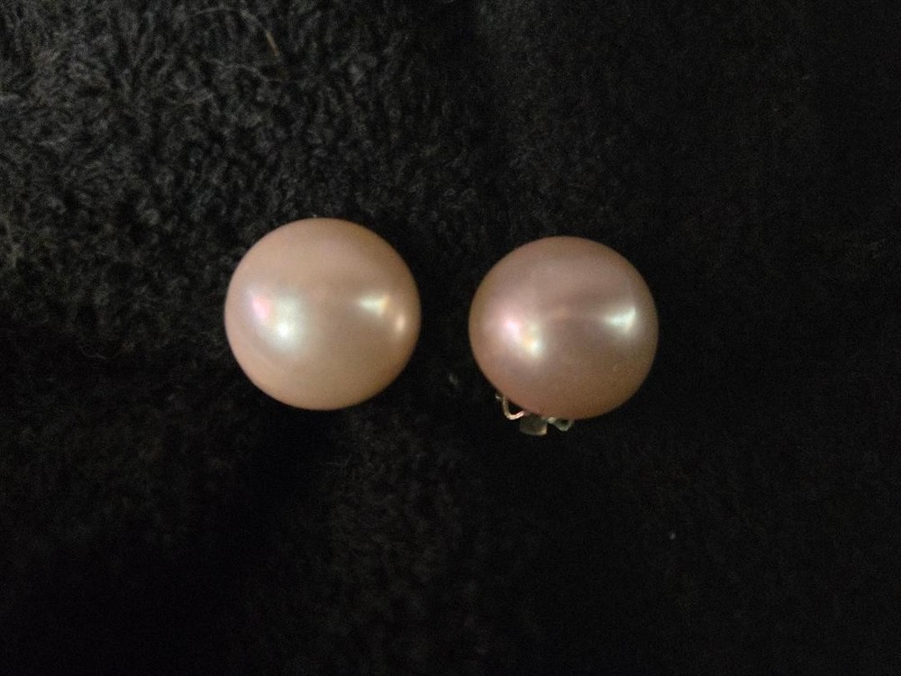 Vintage Japan Light Pink Domed Faux Pearl Clip On Silver Tone Earrings
