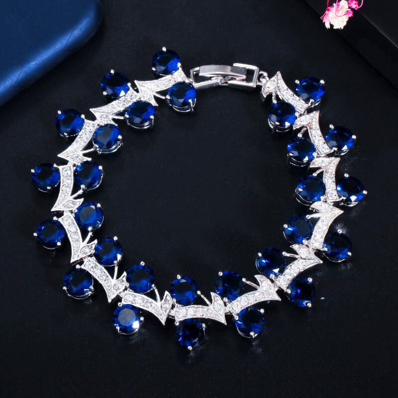 Silver Plated Cubic Zirconia CZ Blue Round Leaf Tennis Bracelet for Women Party