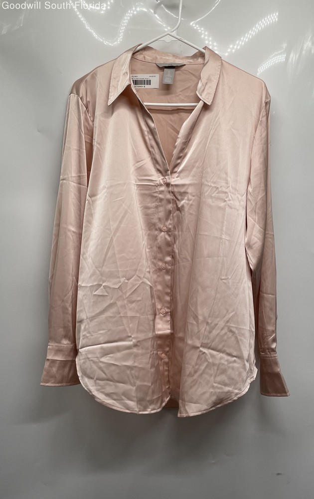 H&M Womens Pink Long Sleeve V-Neck Button Front Blouse Top Size Large
