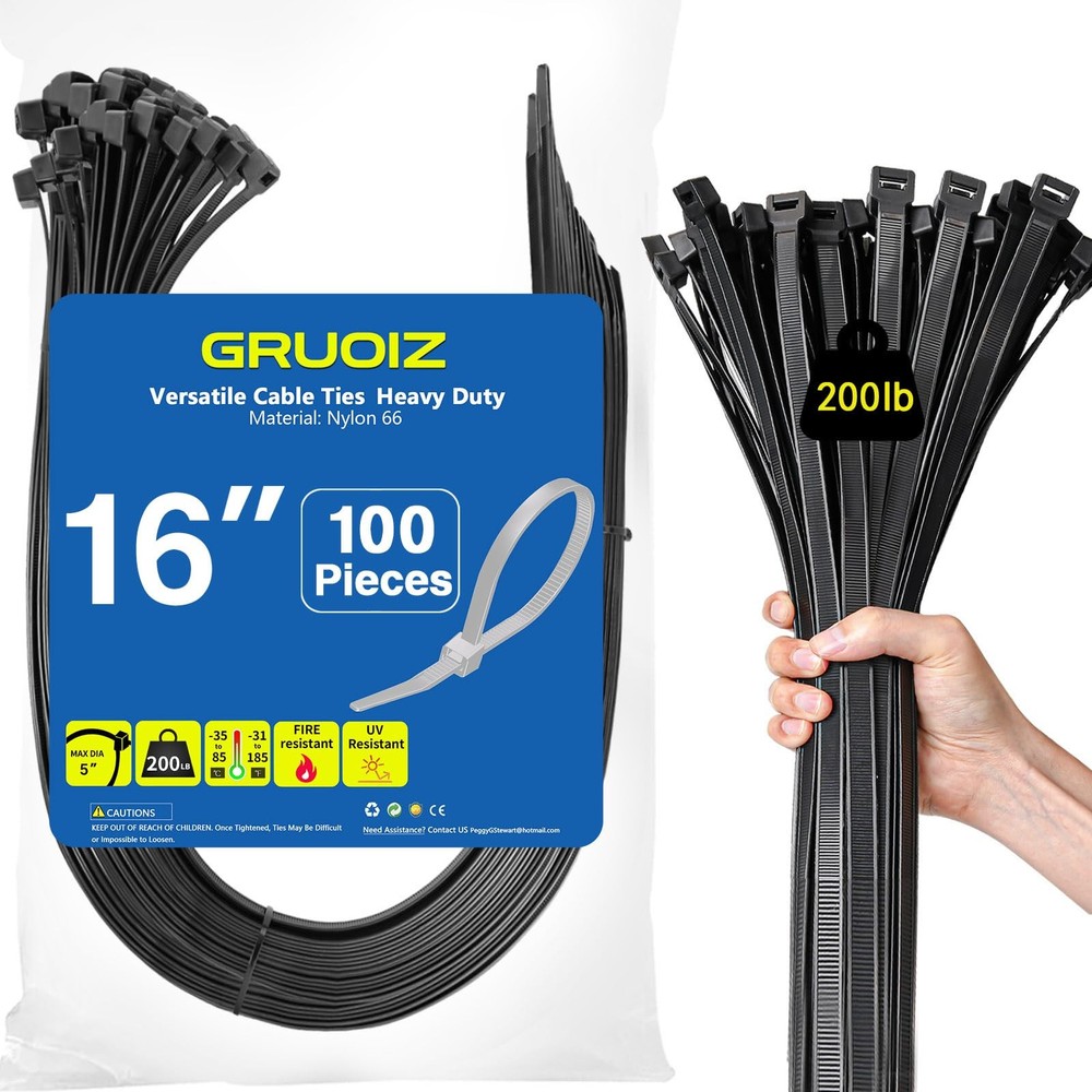 16 Inch Heavy Duty Black Zip Ties 100-Pack, 200lb Tensile Strength