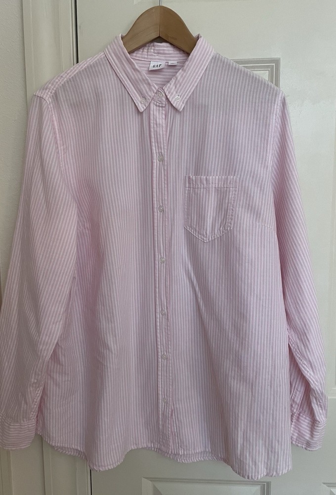 Gap Women’s Pink Button Up Shirt Sz XL Striped Preppy Classic Coastal Summer