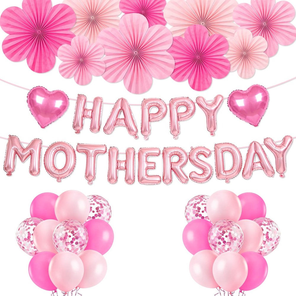 Happy Mother's Day Balloons Set, Pink Mothers Day Decorations Banner with Let...