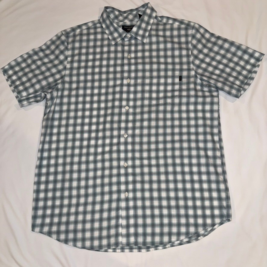 Dockers Button Down Shirt Mens Large Teal White Plaid Short Sleeve Cotton Blend
