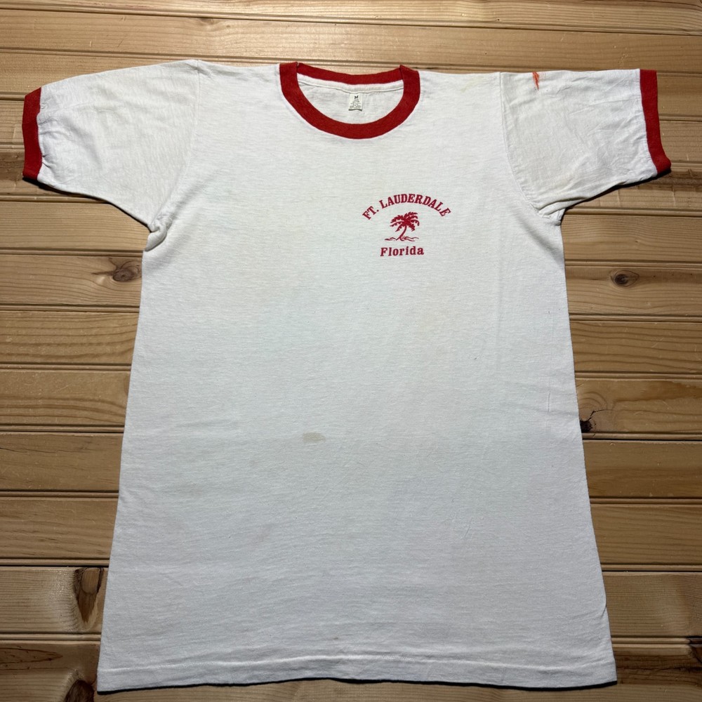 Vintage 70s Fort Lauderdale Florida Palm Tree Souvenir Ringer T-Shirt USA Medium