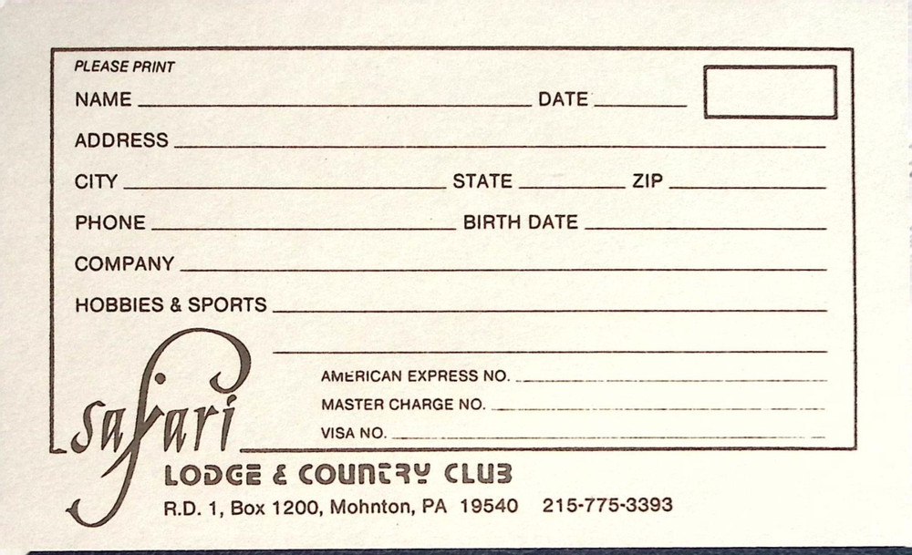 Vintage Safari Lodge Country Club Mohnton PA Membership Information Card