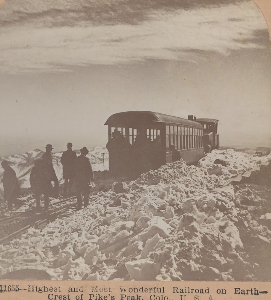 Cog Train at Summit Pike's Peak CO chunks of snow Keystone Stereoview 1901