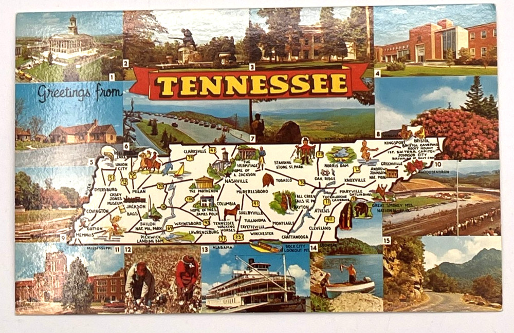 Greetings from Tennessee Postcard Map Multiview Chrome Landmarks Unused