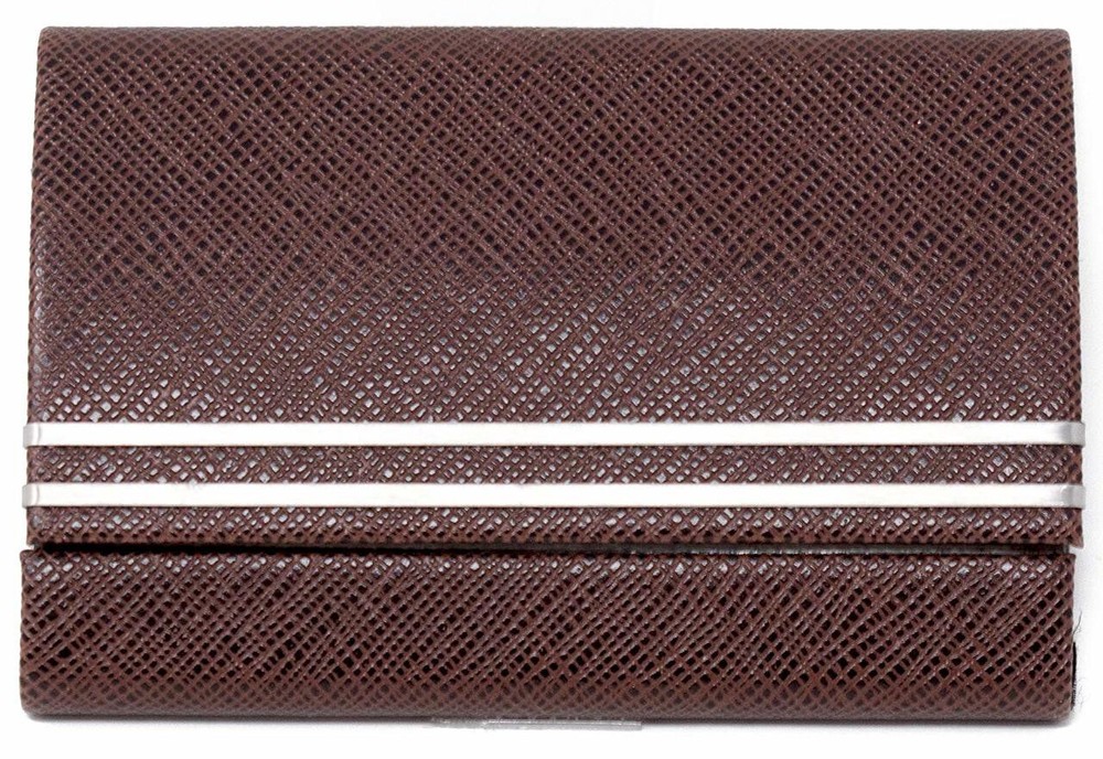Sleek Brown Faux Saffiano Leather Double-Sided Business Card Case with Metallic Stripes