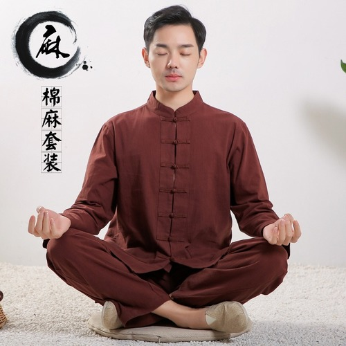 Traditional Chinese Tang Suit Linen Hanfu Cardigan Tai Chi Kung Fu Uniform Set