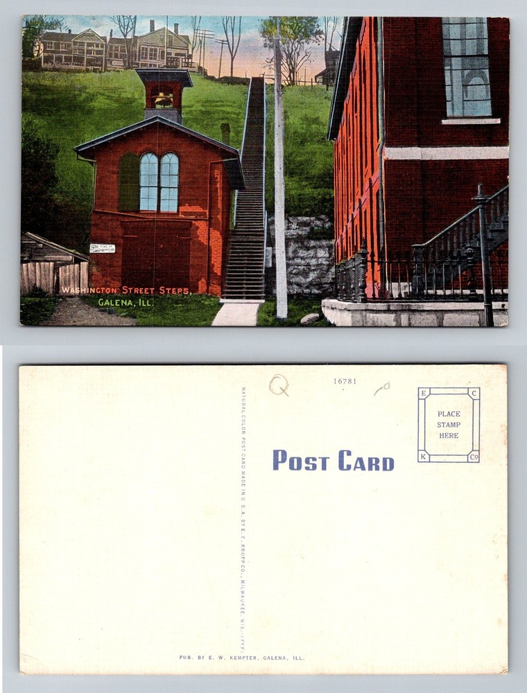 Galena, IL-Illinois Washington Street Steps Hill and Bell Tower Vintage Postcard
