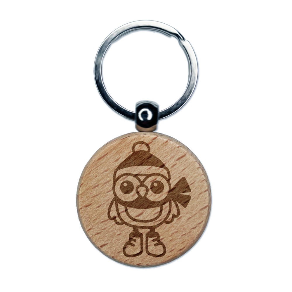 Winter Owl Keychain with Hat & Scarf - Engraved Wooden Charm