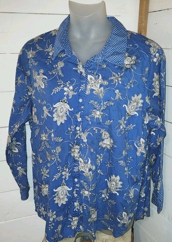 Susan Graver Shirt Womens 2X Blue Floral Stretch Long Sleeves Button Up Top