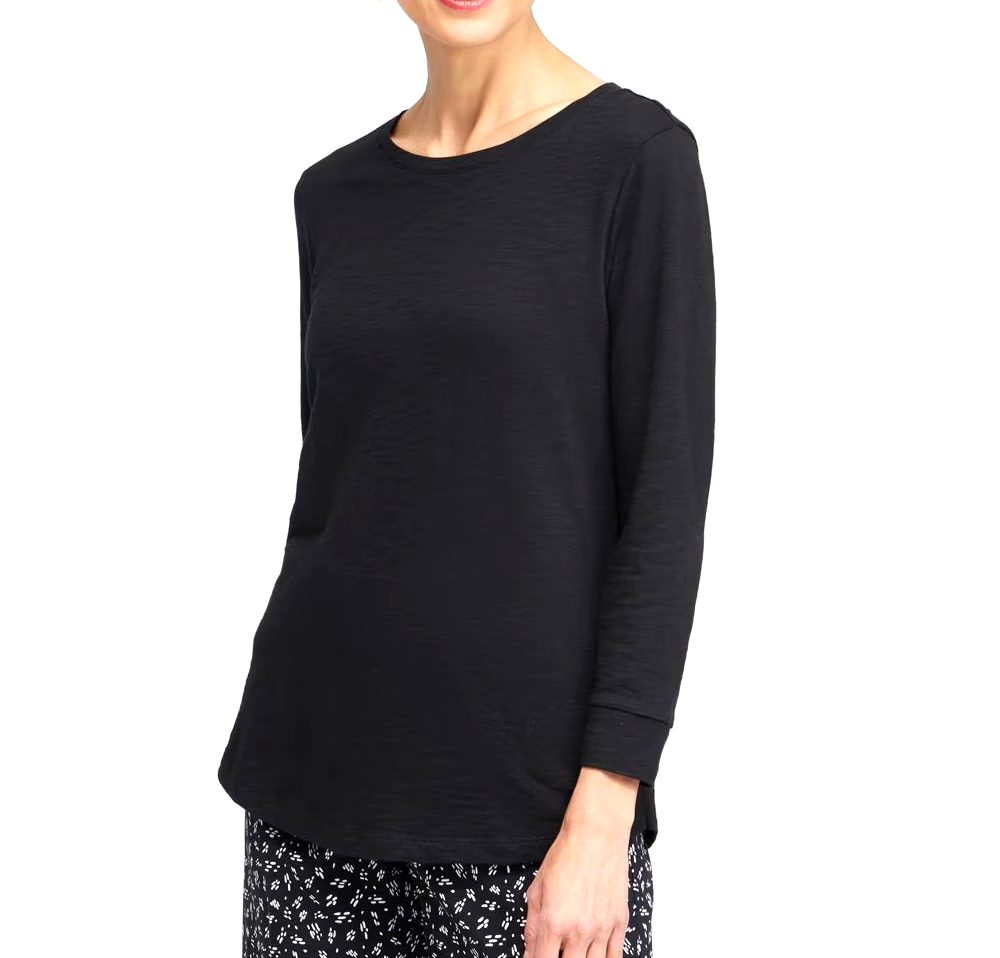 CHICO'S TRAVELERS Black SLINKY KNIT 3/4-Sleeves ROUND NECK Blouse/Top Sz 1(US 8)