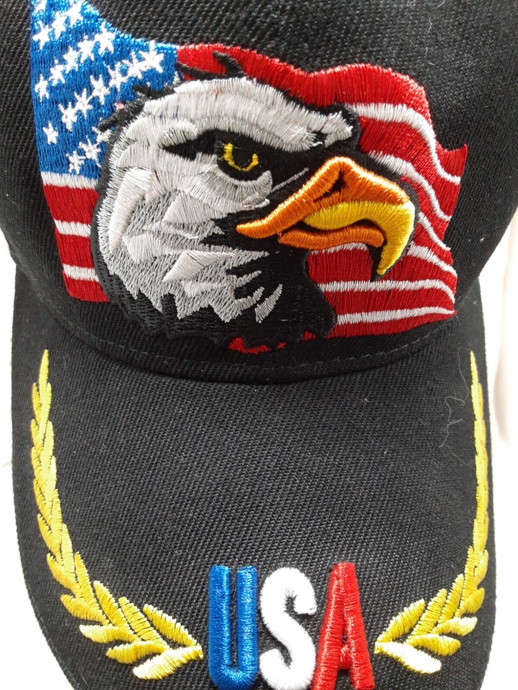 USA Embroidered Ball Cap/Hat with Flags and Bald Eagle Red, White and Blue