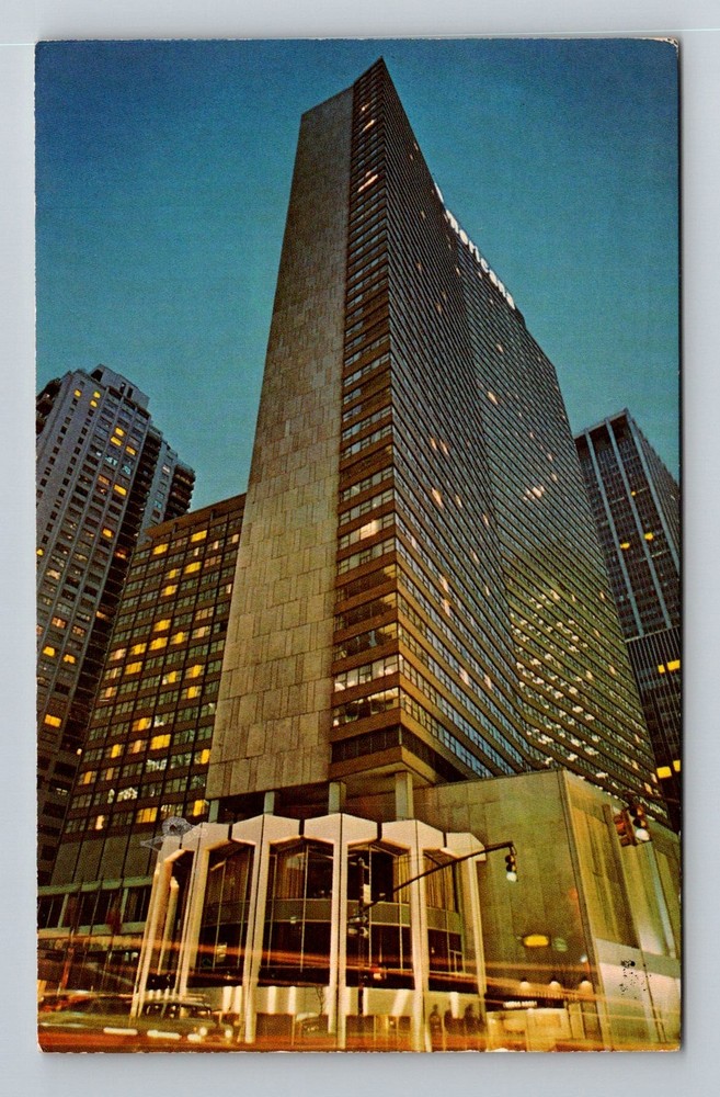 New York City NY, Americana Hotel Night View Seventh Avenue Vintage Postcard