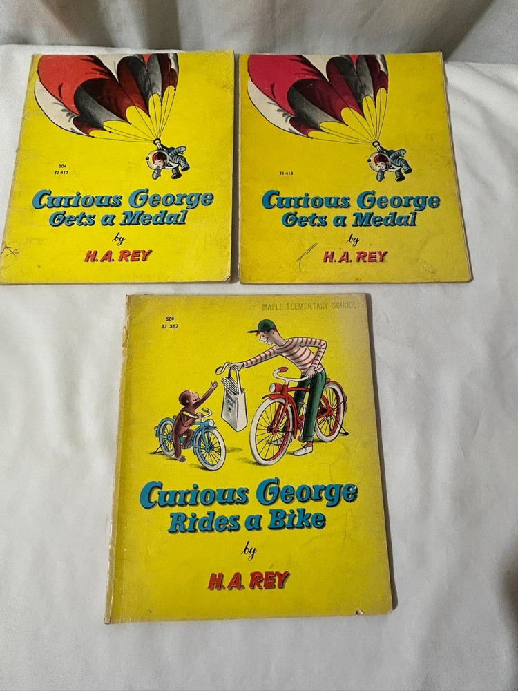 Curious George (Lot of 3) 1957, 1966, 1970 Gets a Medal (s), Rides a Bike