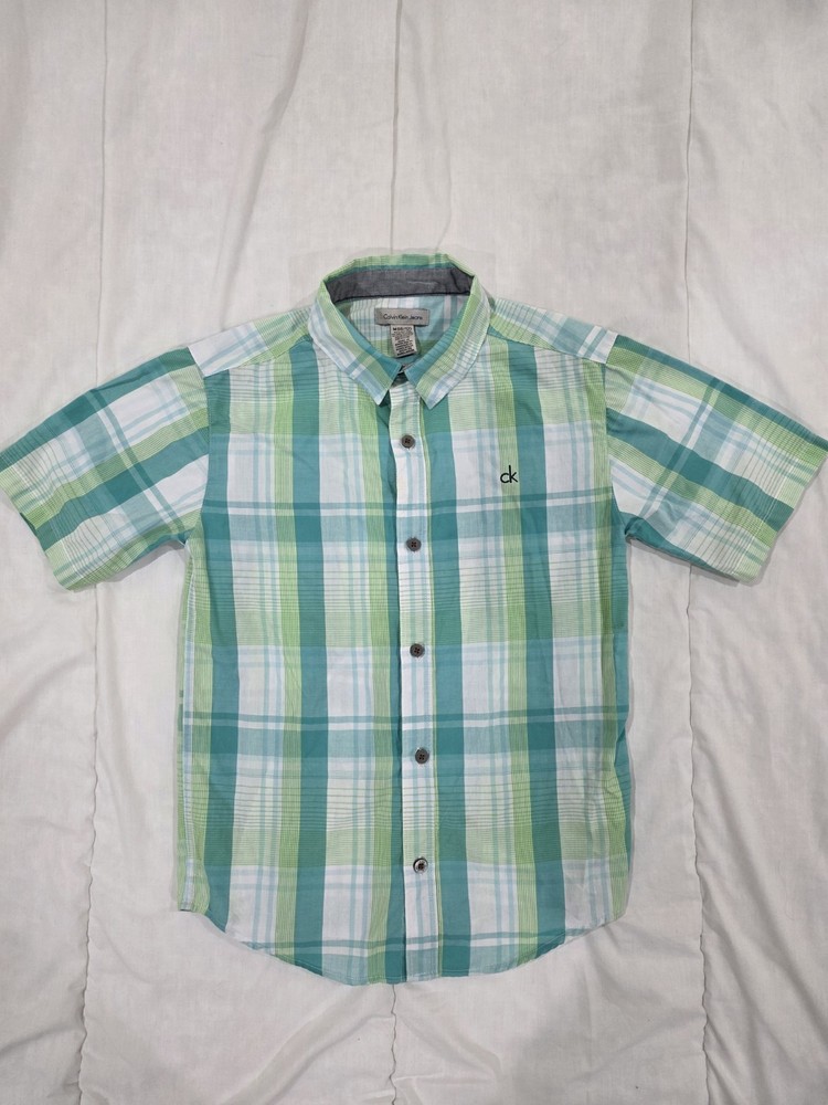 Calvin Klein Jeans Boys Short Sleeve Plaid Button-Up Shirt - Green/White - Size