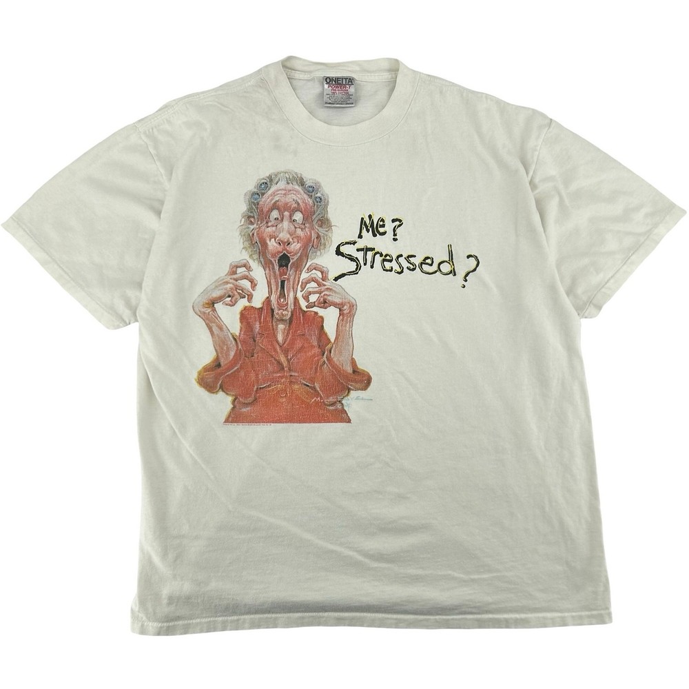 VTG 90s Men's White 'Me? Stressed?' Mike Scoval Single Stitch Graphic T Shirt XL