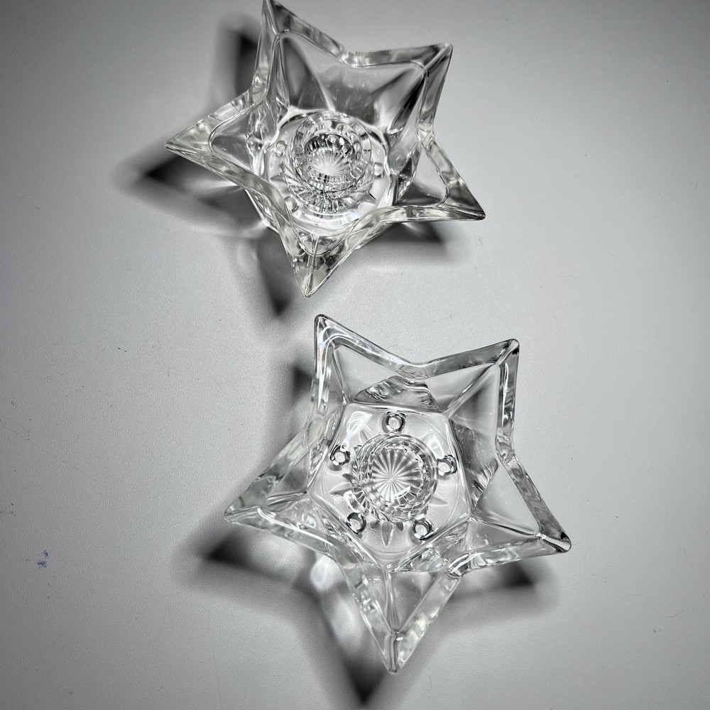 2 Vtg Clear Glass Star Shaped Candle Stick Holders Vintage