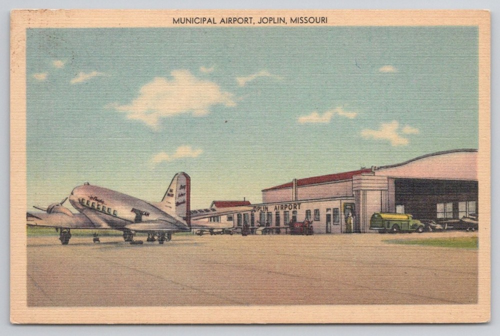 Joplin MO Municipal Airport Linen Postcard DC-3 Era Plane 1940s-50s