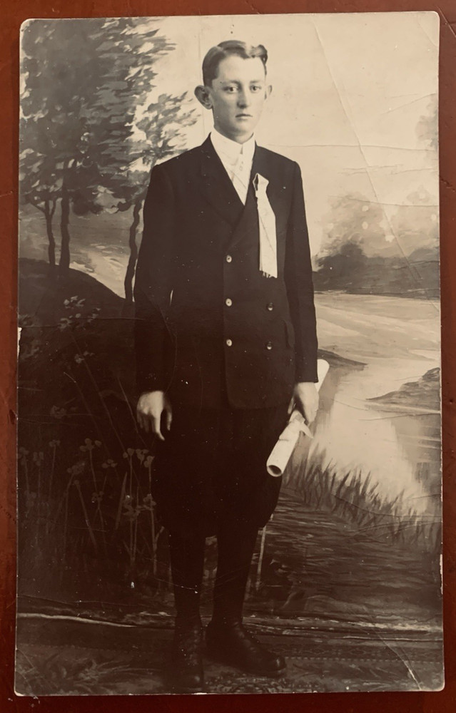 Well Dressed Young Man Holding a Diploma? Portrait Real Photo Postcard RPPC