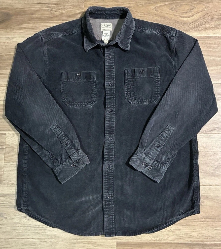 Vintage LL Bean Shirt Mens Large Black Corduroy Button Up Pockets Outdoor Hiking