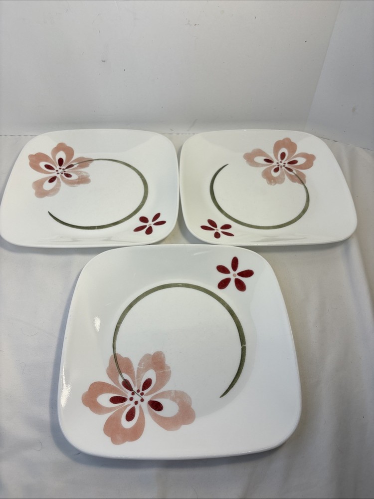 Corelle Set Of 3 Pretty Pink Floral Square 9 Inch Luncheon Salad Plates