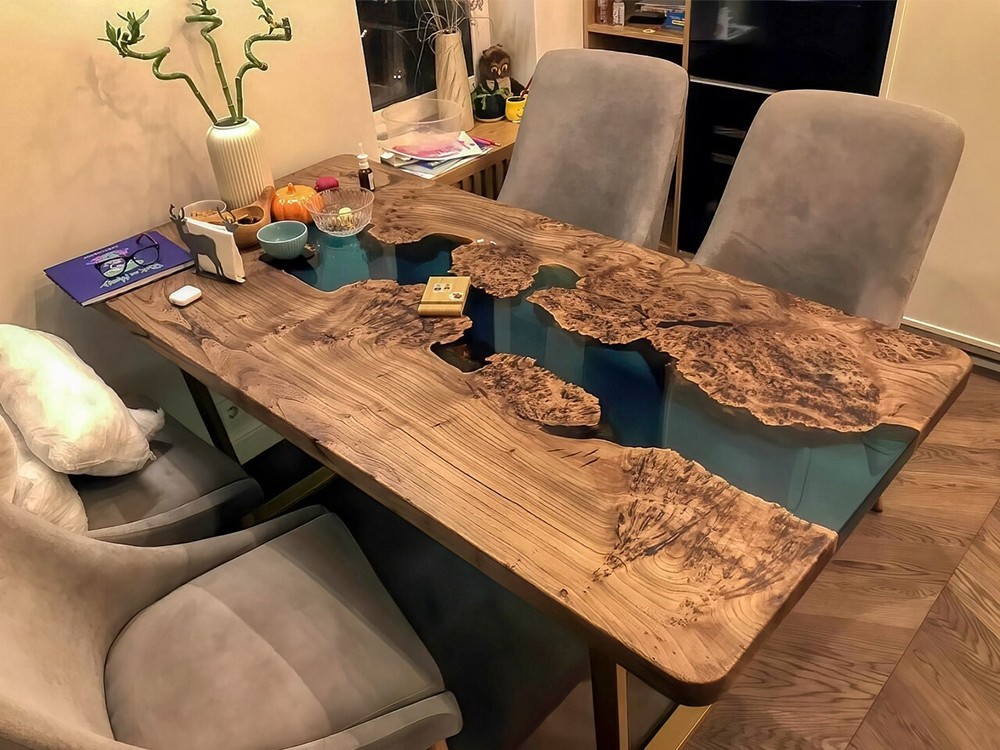 Blue Clear Epoxy Resin Dining Table, Acacia Wooden Table, Epoxy Arts Table Decor