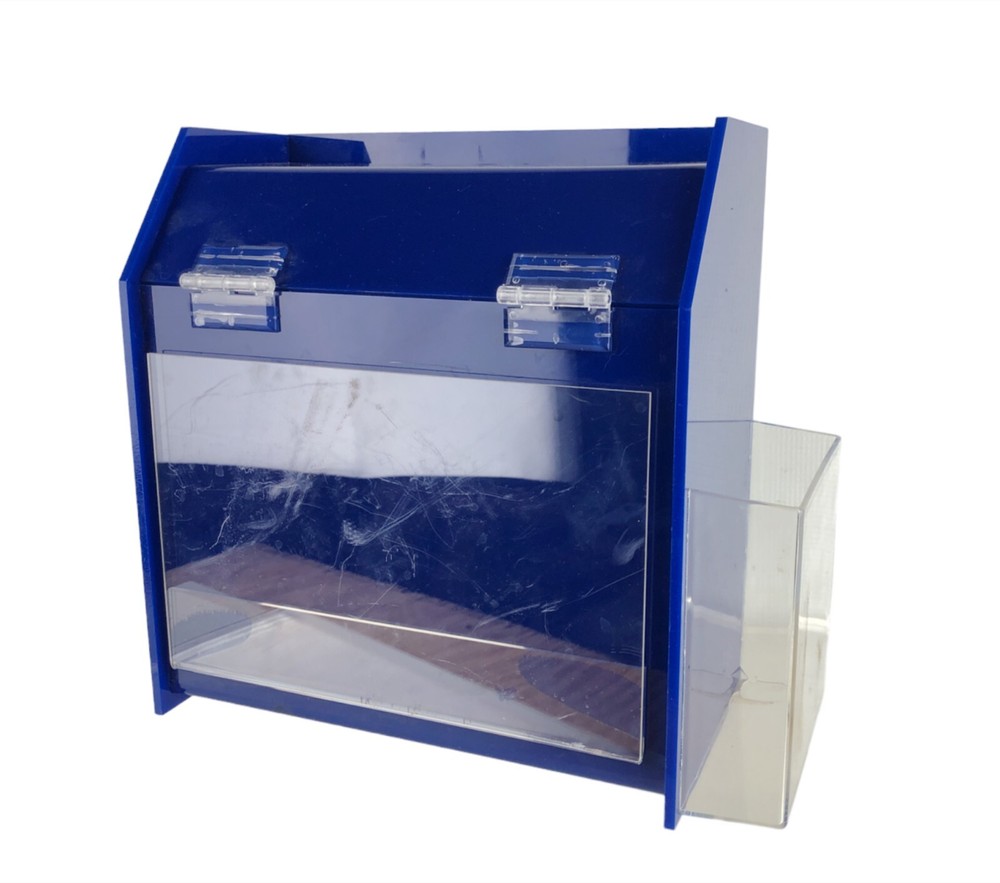 Freestand / Wall Mount Ballot Box w/Entry Form Pocket Blue Plastic 11 x 11 x 5