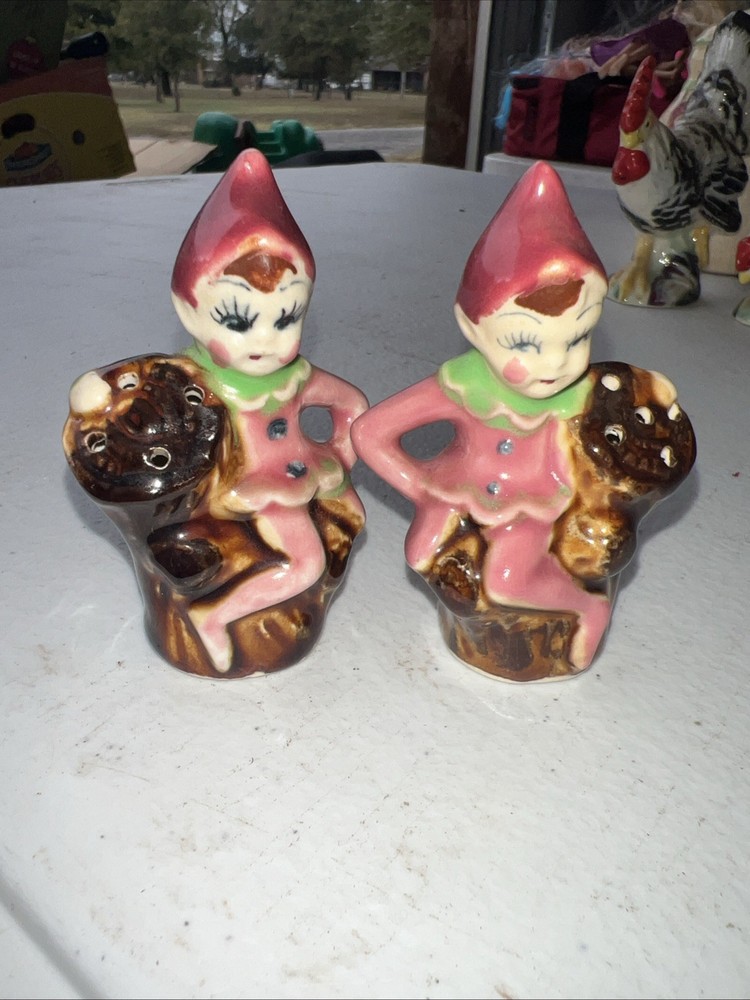 Vintage Pink Pixie Elf Salt And Pepper Shakers Japan On Tree Trunk