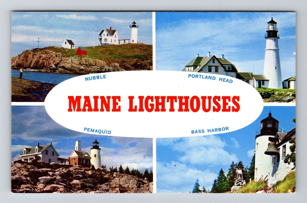Portland ME-Maine, Scenic View Lighthouses, Vintage Postcard