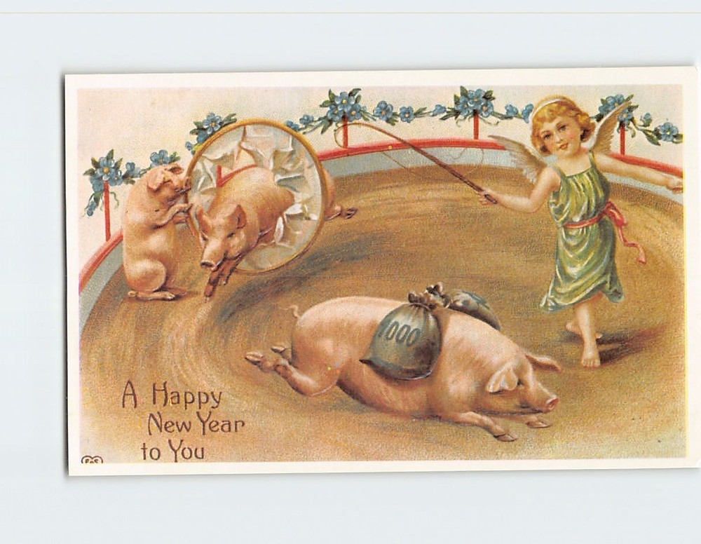 Postcard A Happy New Year To You Pigs & Angel Art Print