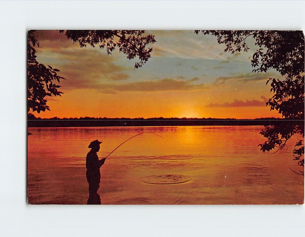 Postcard Man Fishing at Sunset Scene