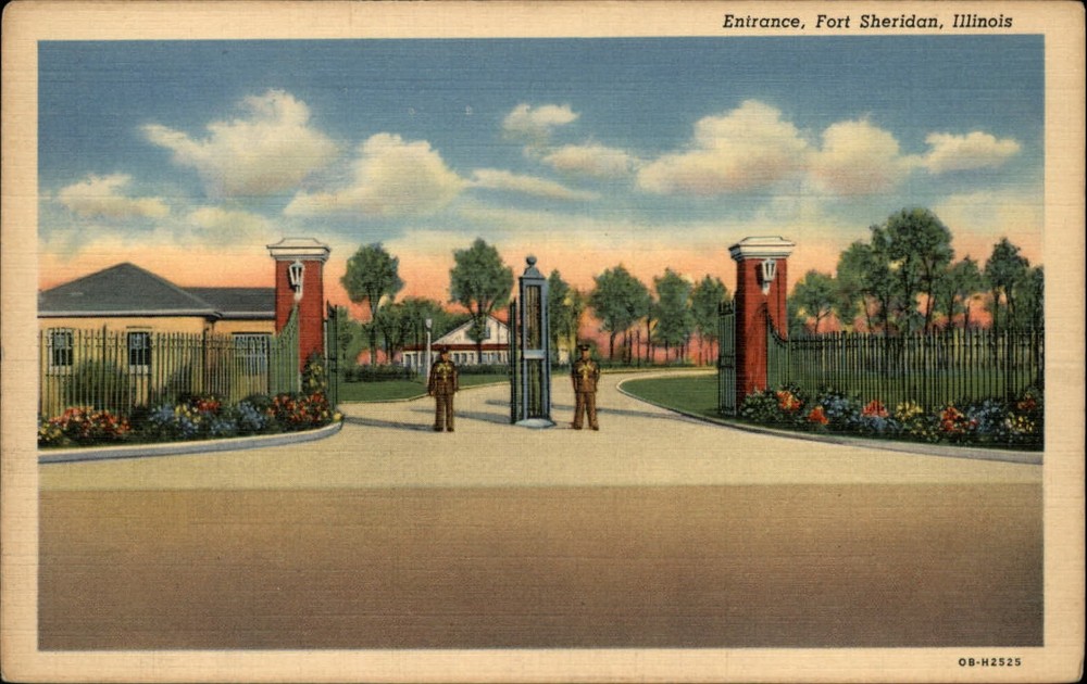 Entrance Fort Sheridan Illinois soldiers ~ 1940s linen postcard