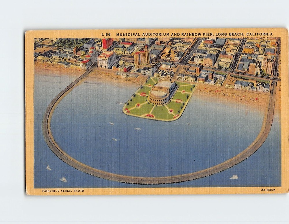 Postcard Municipal Auditorium & Rainbow Pier Long Beach California USA
