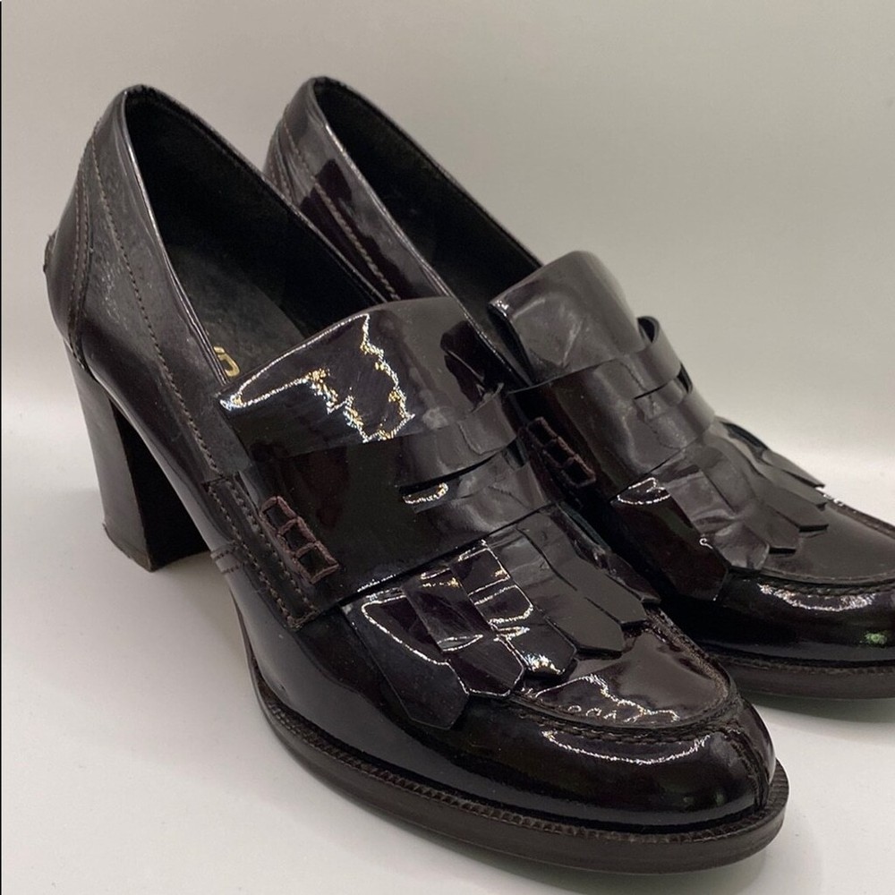 Avril Gau Burgundy Patent Leather Fringe Heels Spain Women Size 8.5 EU 39
