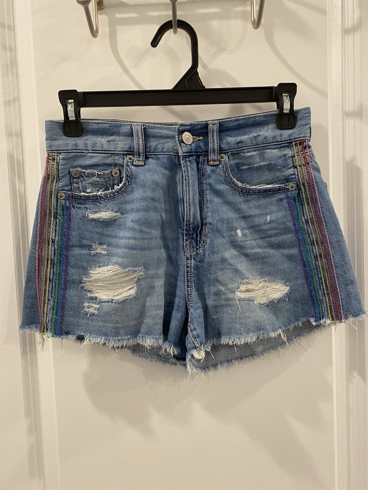 American Eagle Women’s Sz00 Denim Shorts Hi-Rise Festival Rainbow Pride Cut Offs