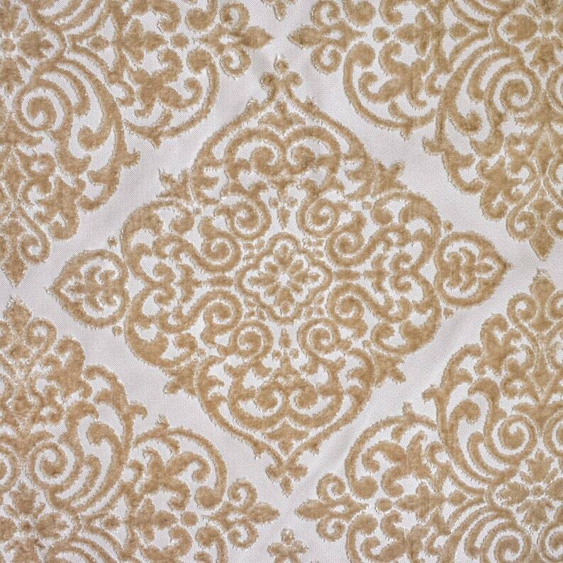 Beige Damask Velvet Fabric By The Yard, 54 inch width Jacquard Velvet Fabric