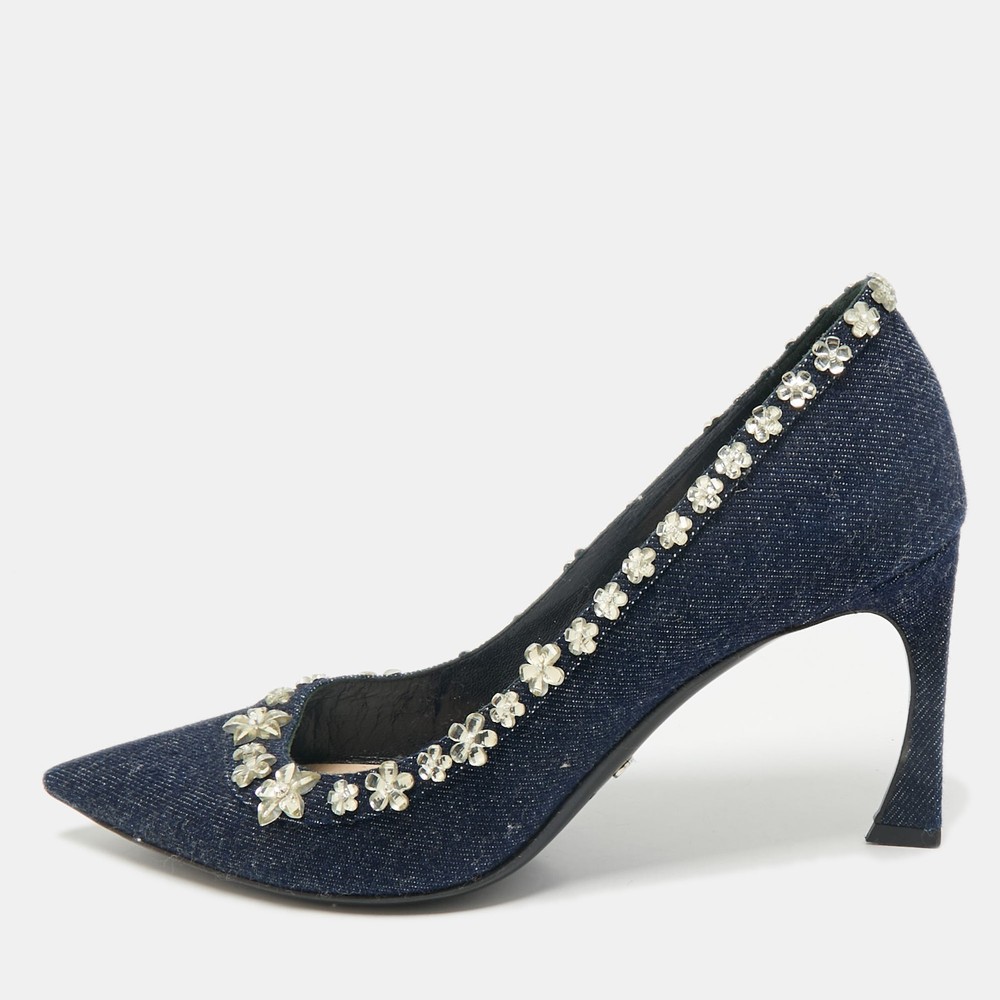 Dior Navy Blue Crystal Embellished Denim Pumps Size 38.5