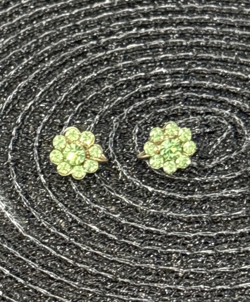 Vintage Gold Tone Clip-On Earrings – Green Rhinestone Floral Cluster