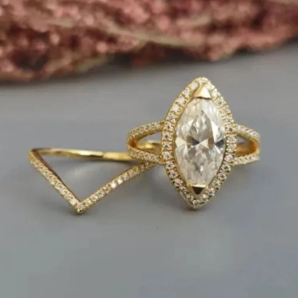2.50 Ct Marquise Cut Simulated Diamond 14k Yellow Gold Plated Wedding Band Ring