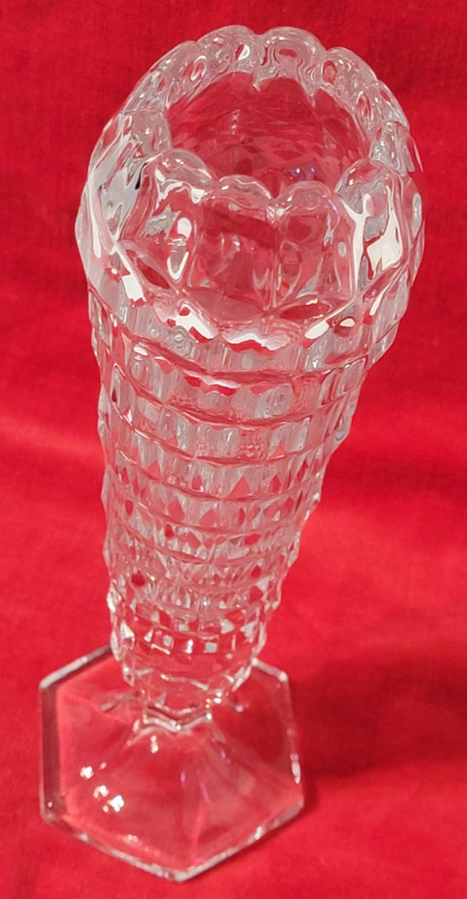 American Cube/Cubist Fostoria Clear Glass Hexagonal Footed Cupped Top Bud Vase