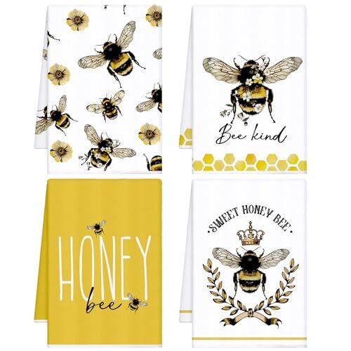 4 Pcs Bee Kitchen Towel Honey Bee Dish Towels Honeycomb Bath Tea Towels Bee H...