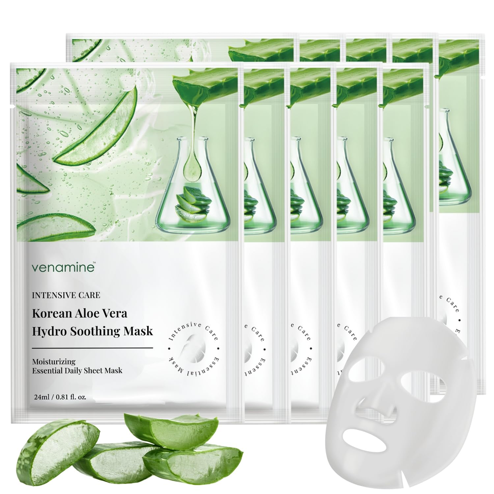 Korean Aloe Vera Face Mask 10-Pack for Soothing Sensitive Skin Hydration  