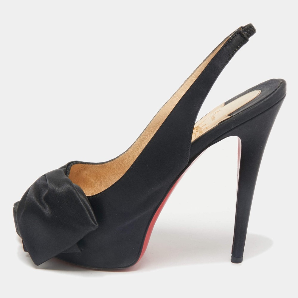 Christian Louboutin Black Satin Bow Peep Toe Platform Slingback Pumps Size 395