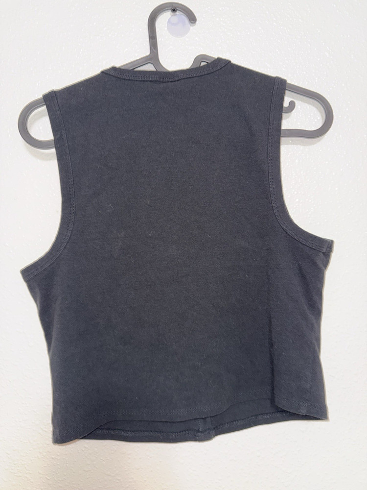 Black Cotton Cropped Sleeveless Knit Tank Top S Button-Front Round Neck