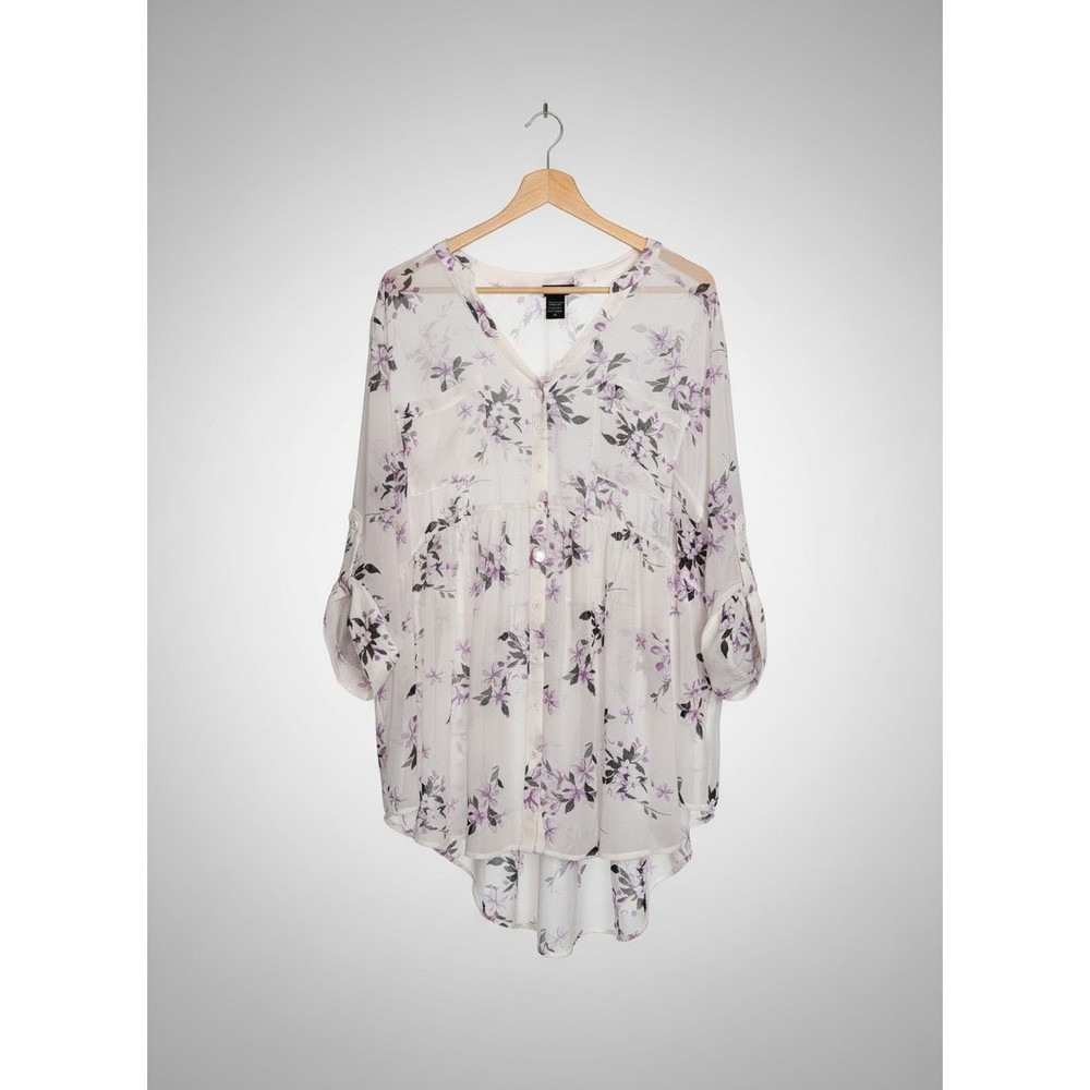 Torrid Emma Babydoll Blouse Womens 2 2X White Purple Floral Chiffon Tunic Top