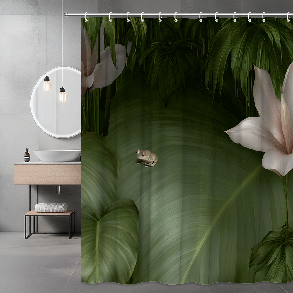 Tropical Frog Shower Curtain Green Leaf Floral Print