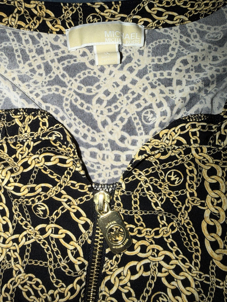 Michael Michael Kors Women’s 1X Black/Gold Chain Print Zip V-Neck Blouse