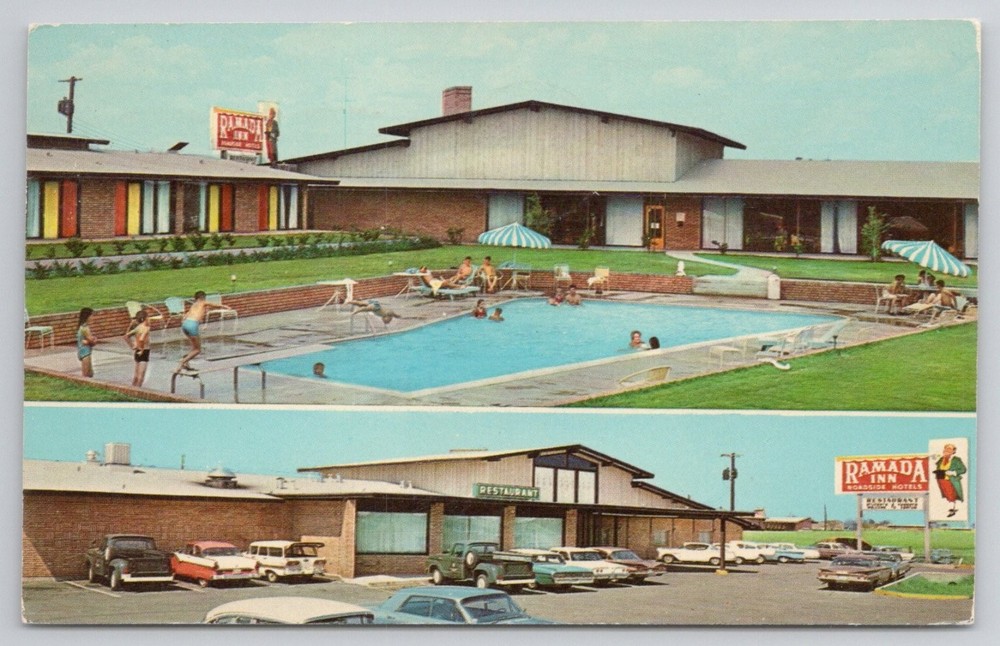 Vintage 1967 Ramada Inn Denton TX Postcard w/Pool & Classic Cars Curteich
